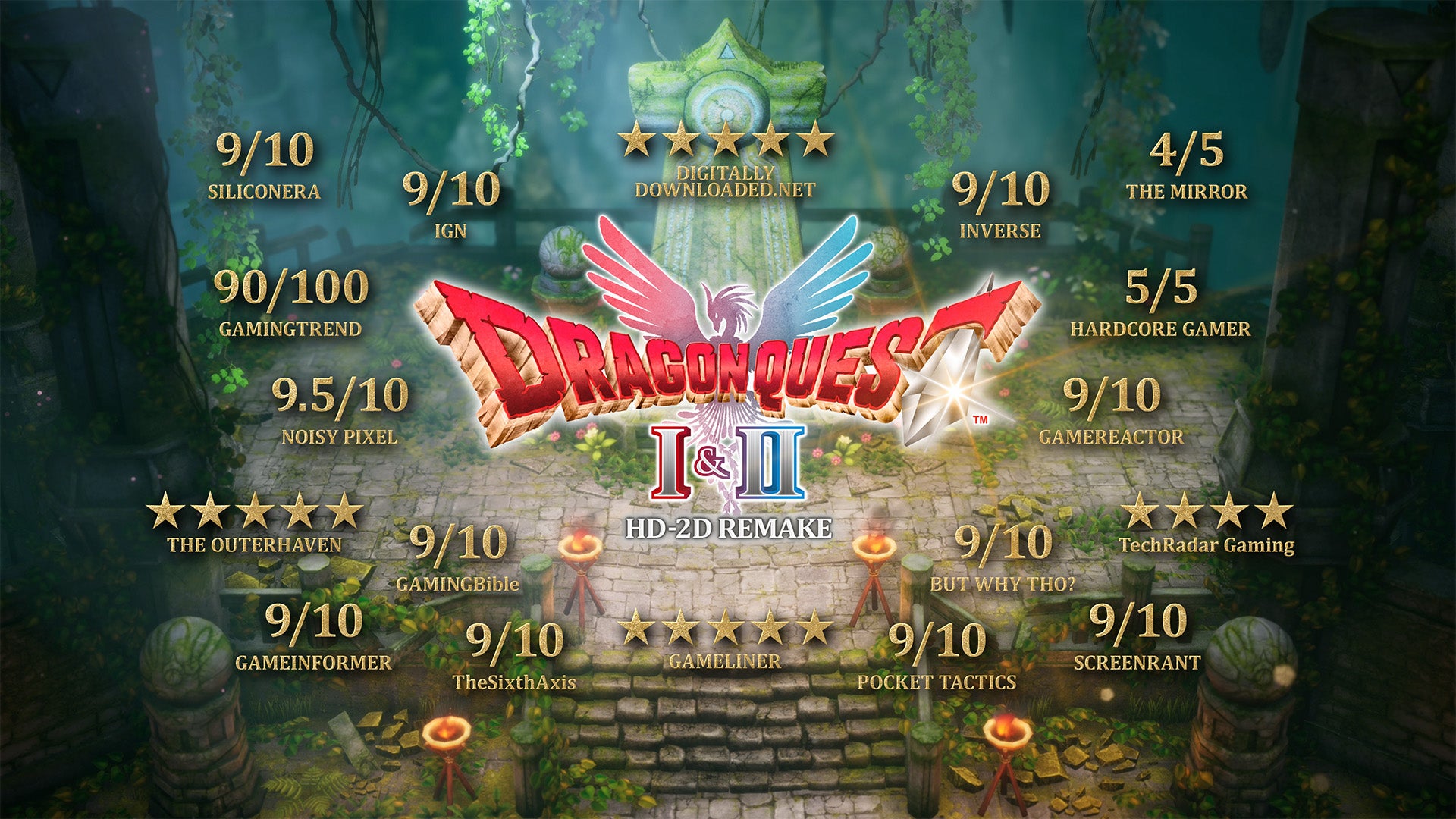 DRAGON QUEST logo surrounded by accolades	