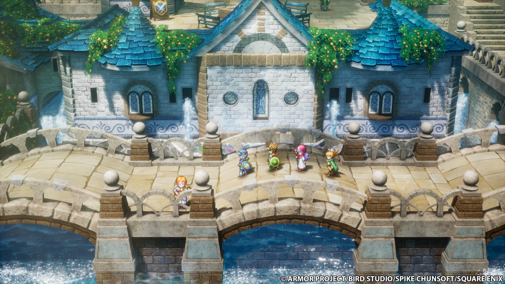 A party walking over a bridge