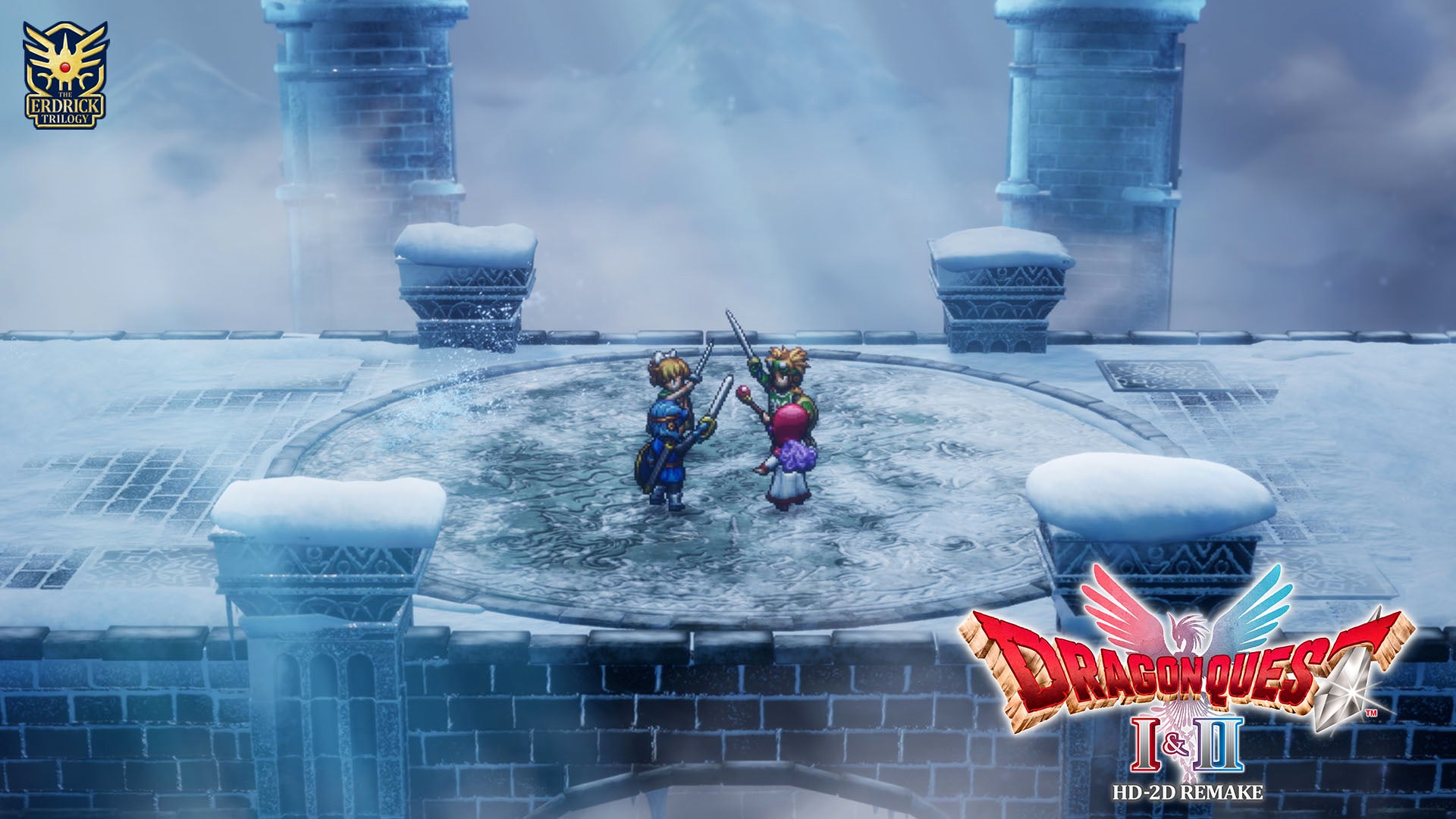 Four party members raising their swords and staffs
