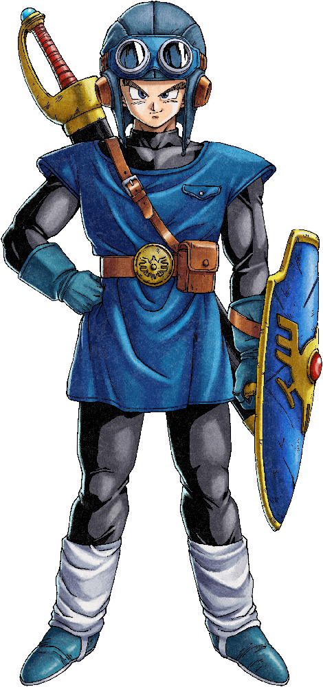 A hero standing with a shield and sword on his back
