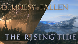 A split screenshot showing Echoes of the Fallen & Rising tide city and landscape.