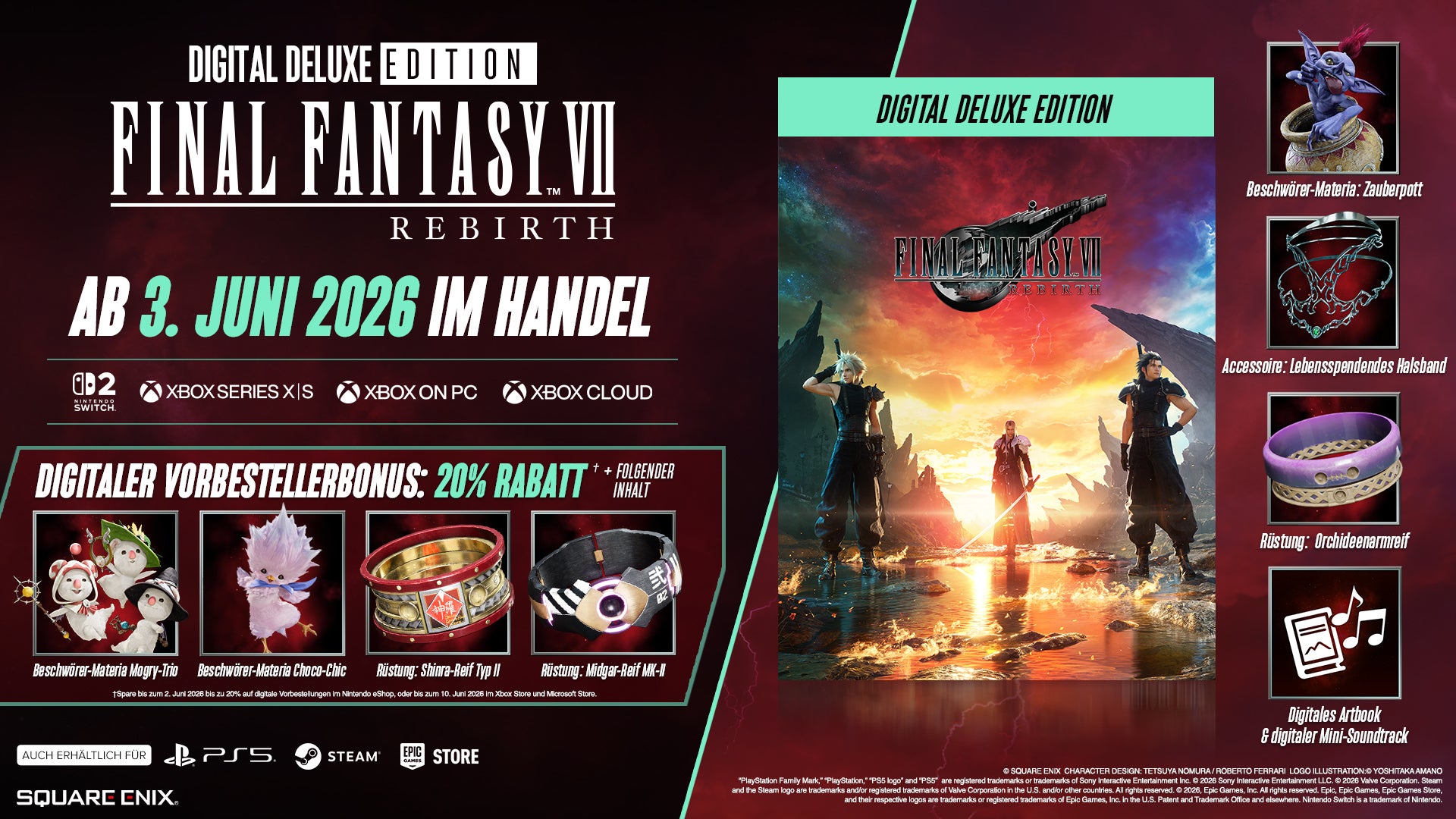 Promo for FF7 Rebirth Digital Deluxe Edition with game and bonus items.