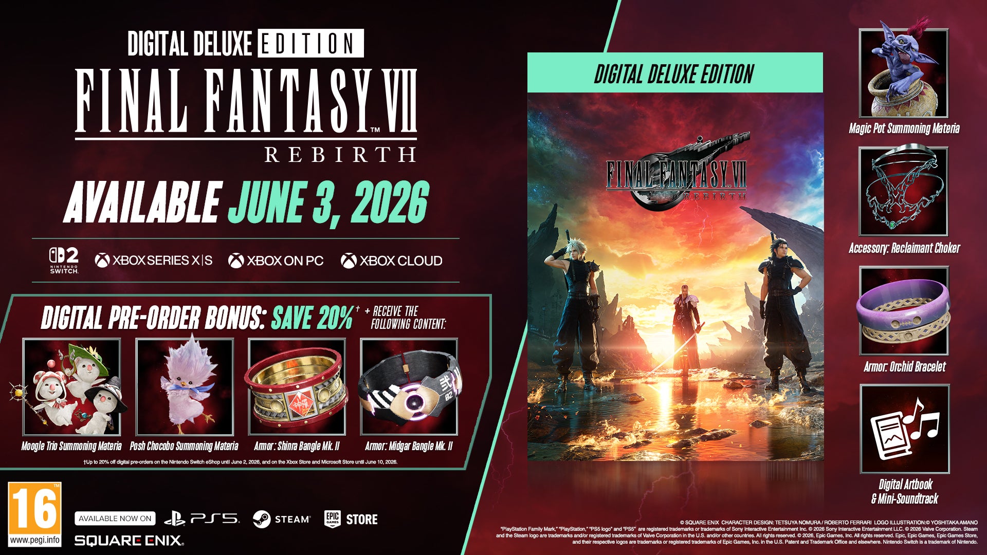 Promo for FF7 Rebirth Digital Deluxe Edition with game and bonus items.