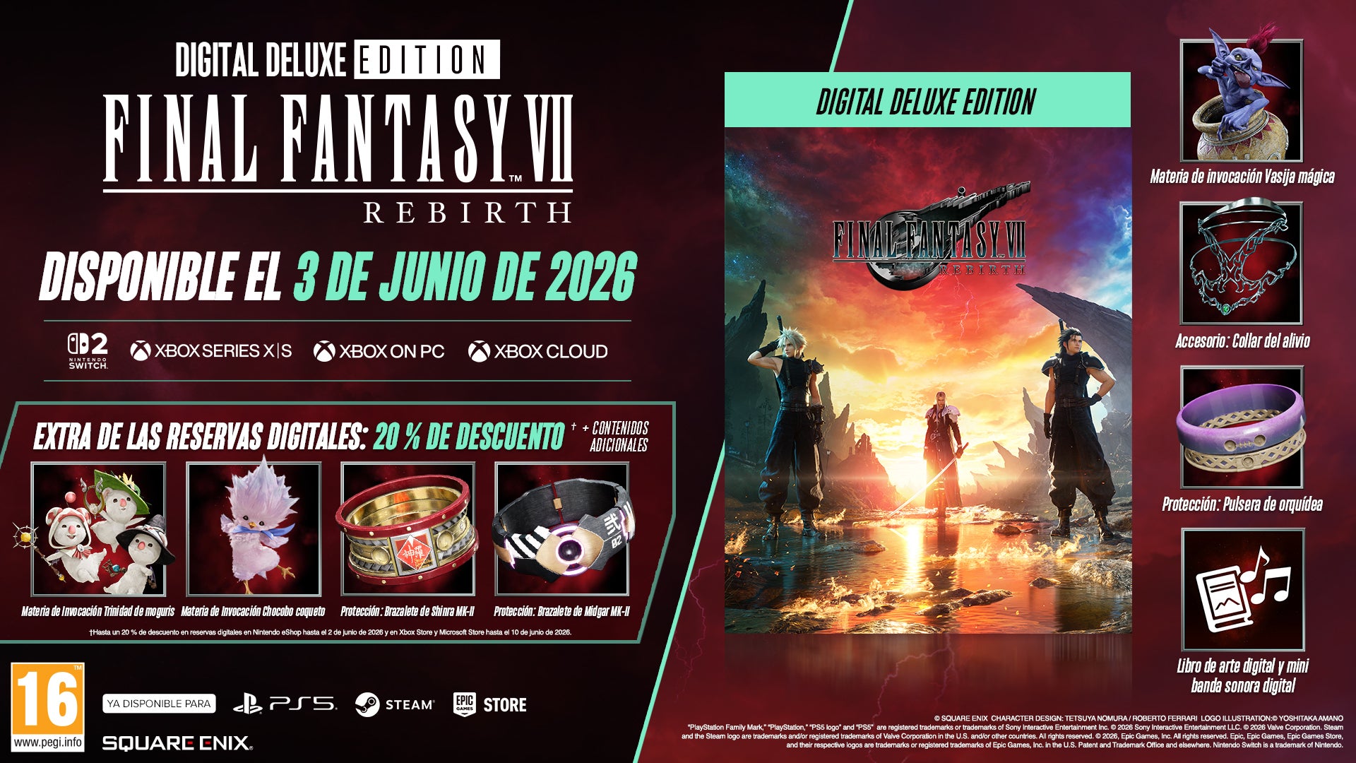 Promo for FF7 Rebirth Digital Deluxe Edition with game and bonus items.