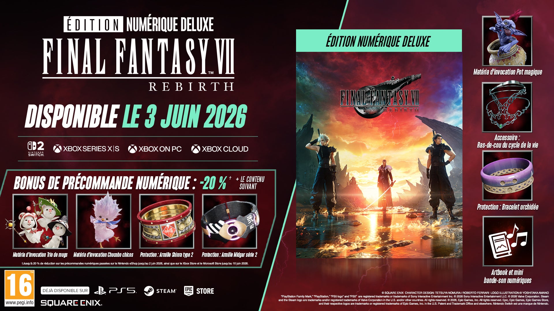 Promo for FF7 Rebirth Digital Deluxe Edition with game and bonus items.