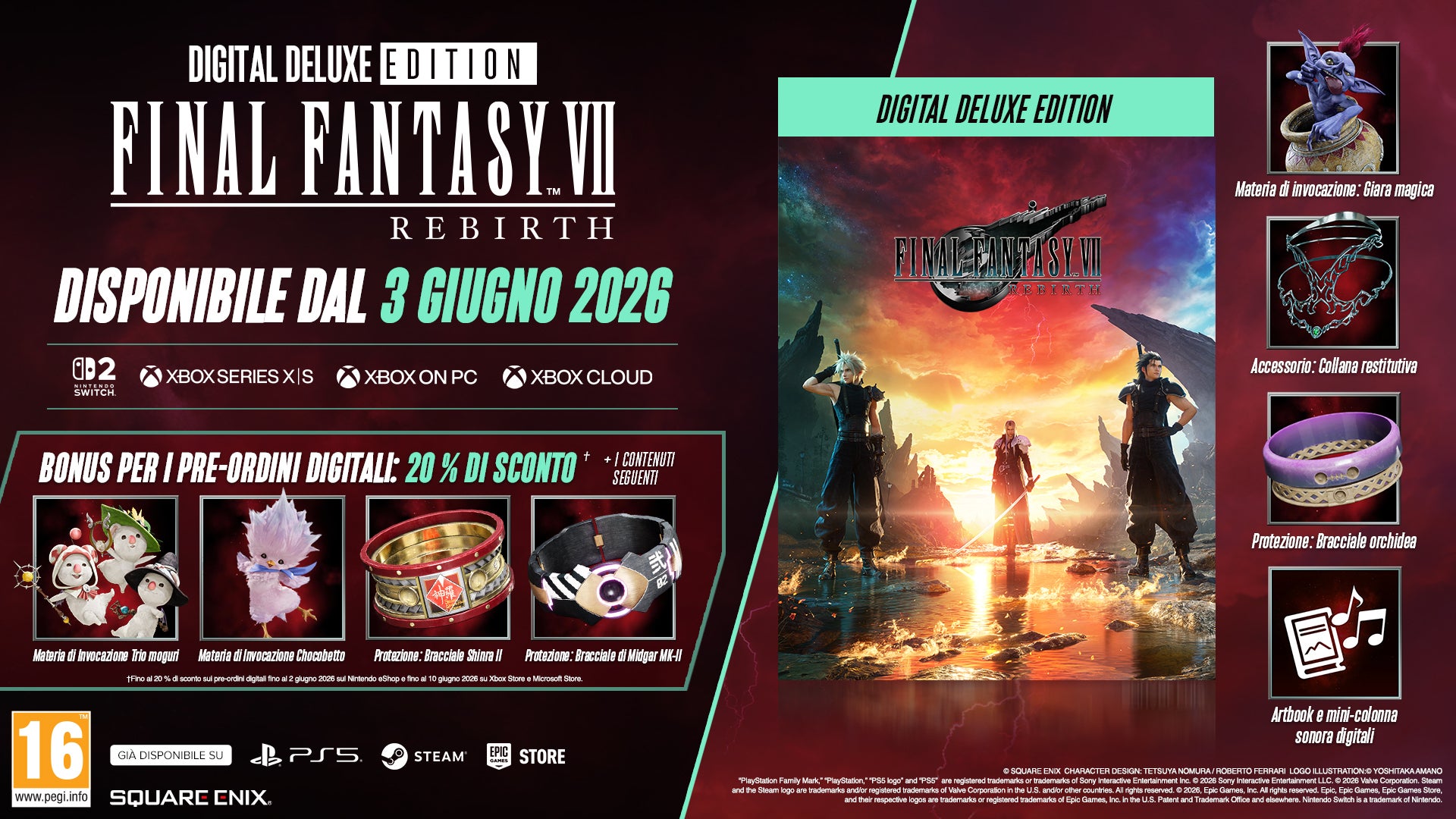 Promo for FF7 Rebirth Digital Deluxe Edition with game and bonus items.