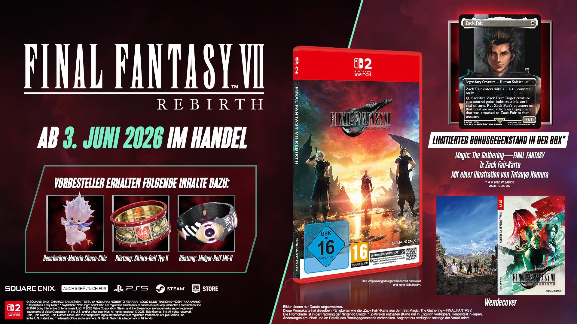 Promo for FF7 Rebirth Physical Edition with game and bonus items.
