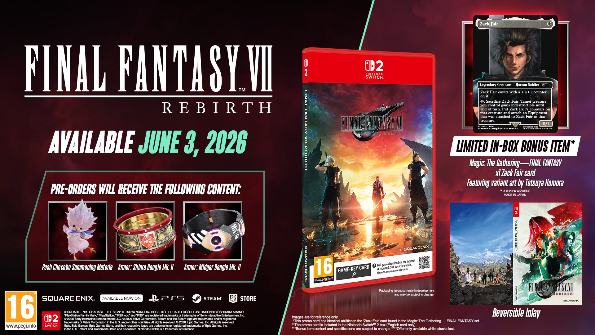 Promo for FF7 Rebirth Physical Edition with game and bonus items.