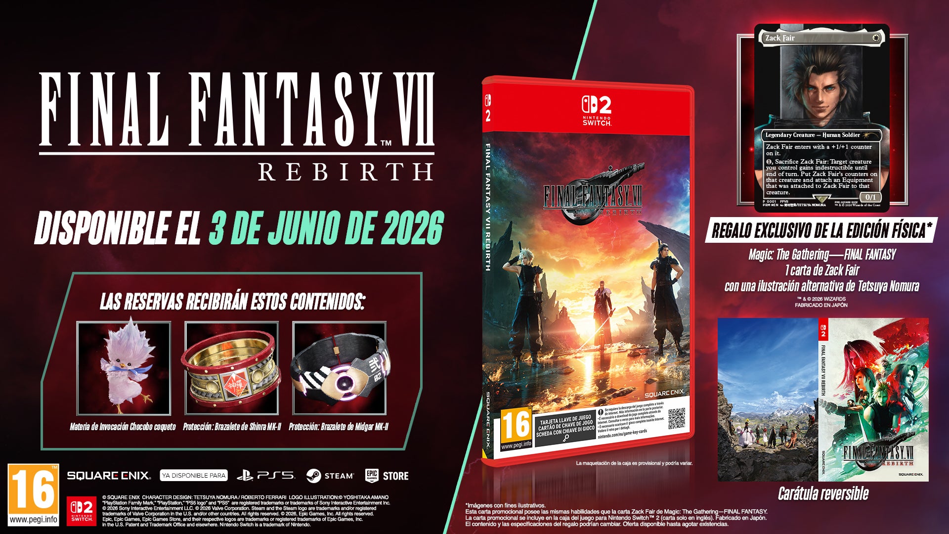 Promo for FF7 Rebirth Physical Edition with game and bonus items.