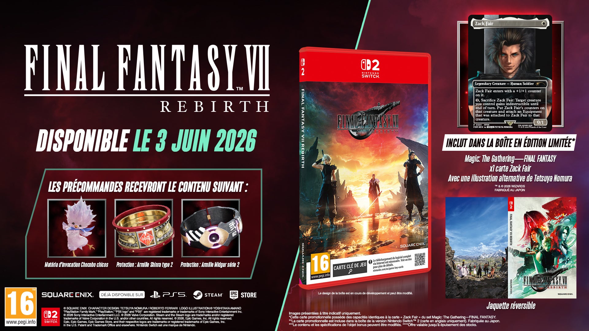 Promo for FF7 Rebirth Physical Edition with game and bonus items.