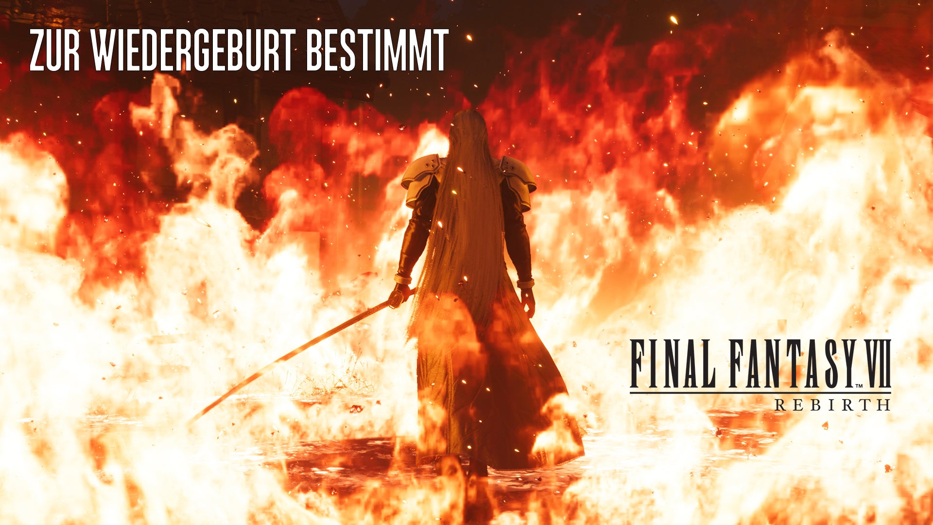 Rückenansicht von Sephiroth, der mit gezücktem Schwert inmitten von Flammen steht.