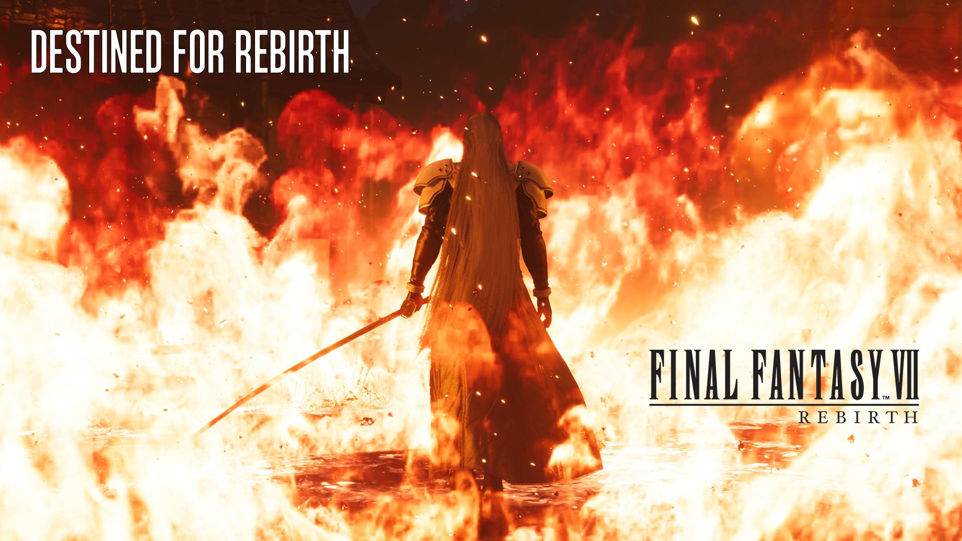 Sephiroth seen from behind, standing in a fiery blaze, his sword drawn.