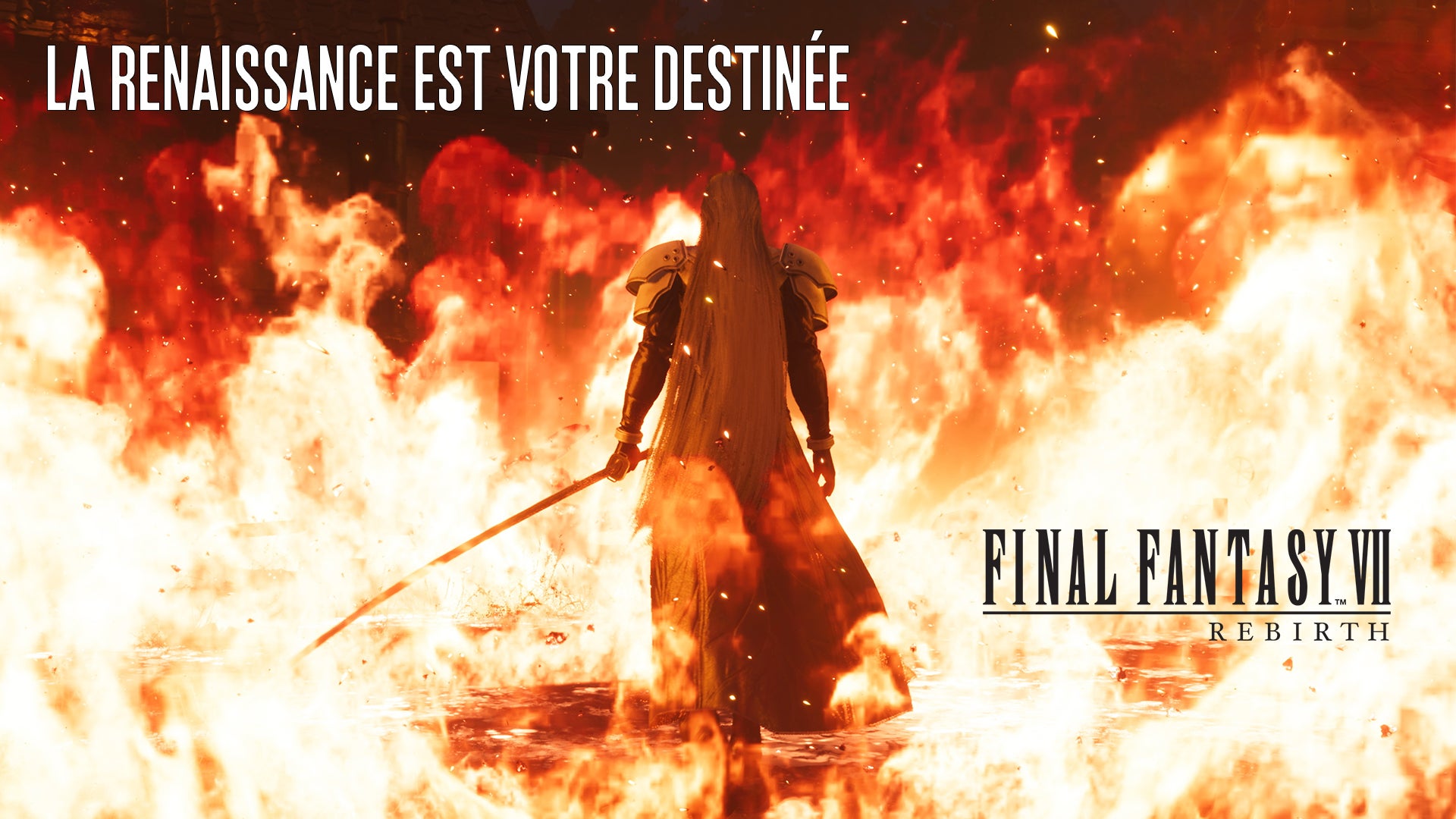 Séphiroth vu de dos, épée dégainée, debout dans un enfer de flammes.