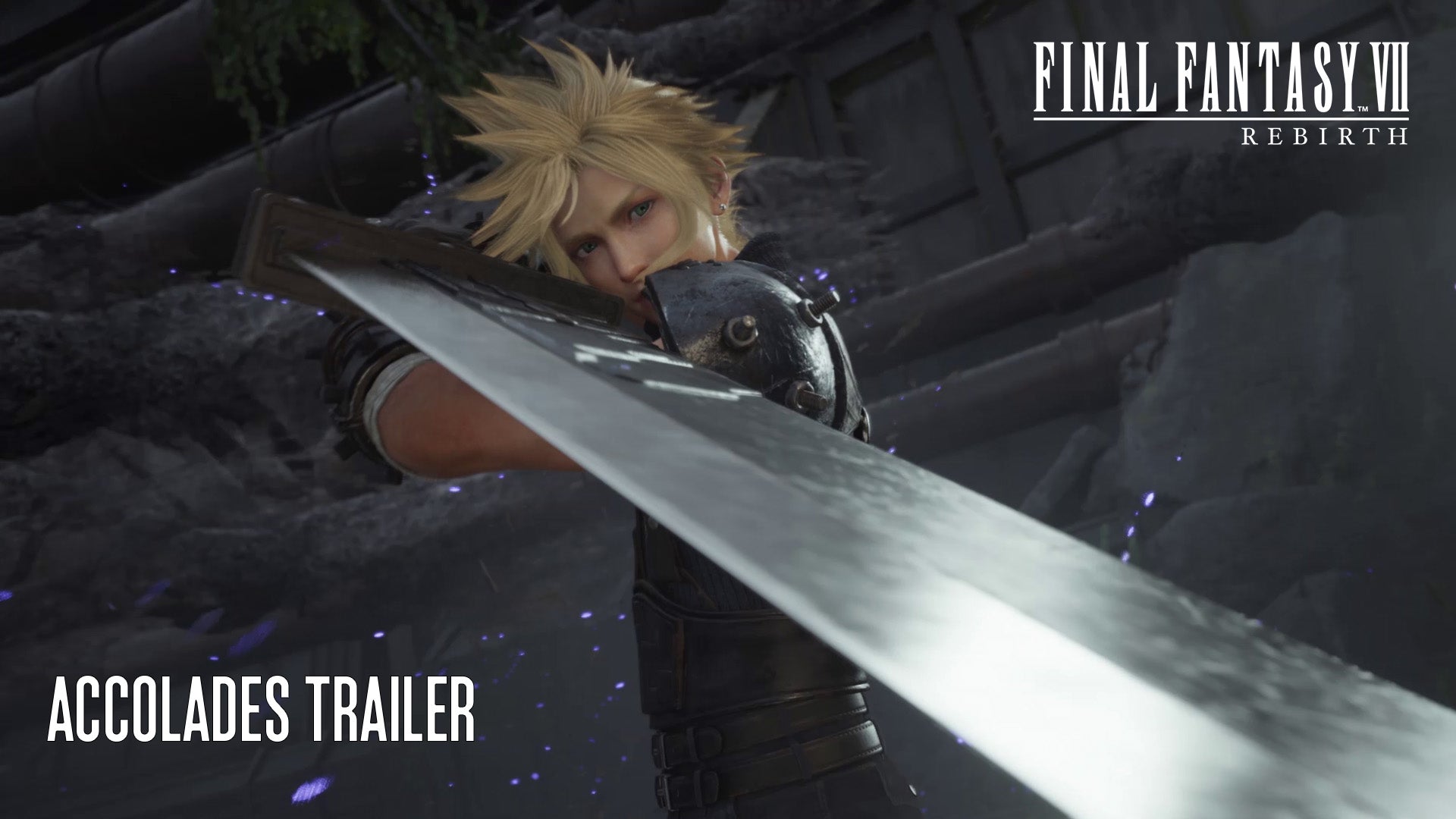 The camera looks up at the blade of the buster sword. Cloud holds its handle, ready to strike.