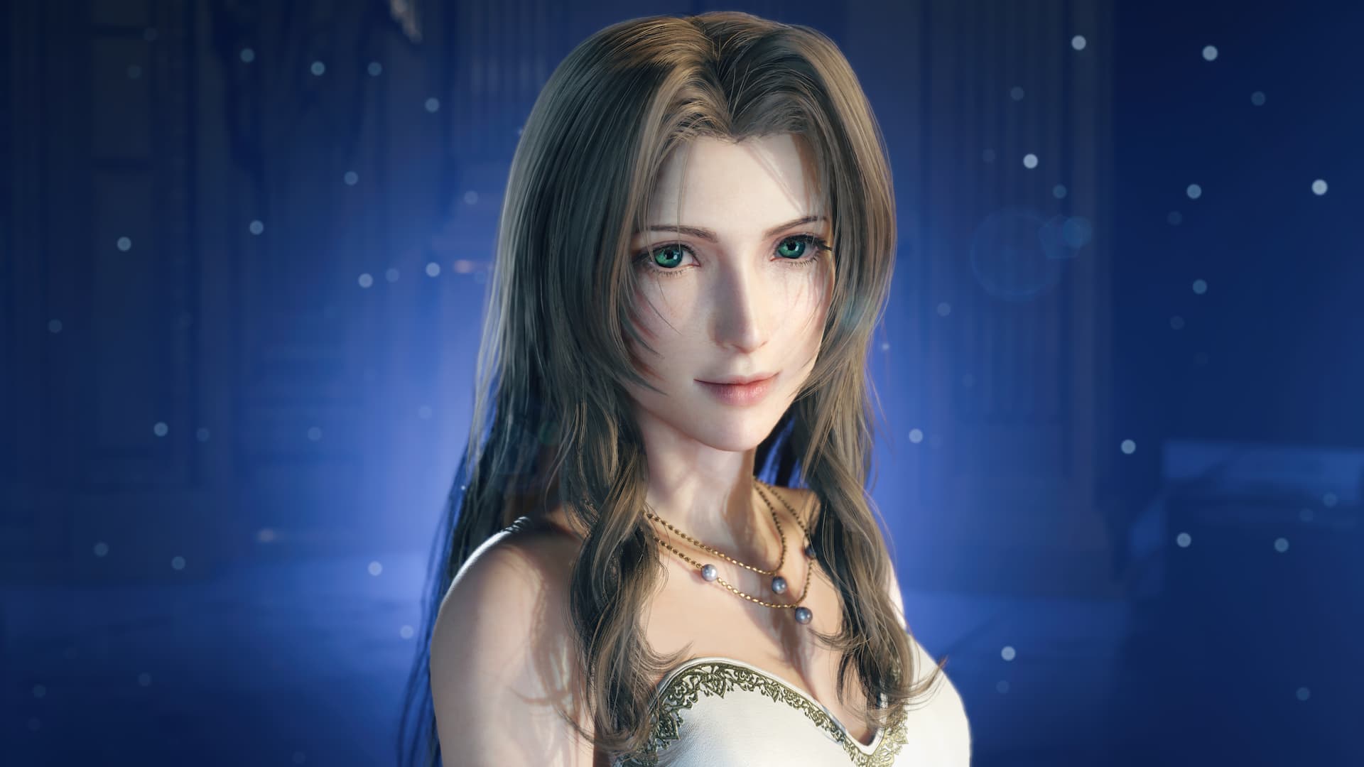 Aerith se tourne vers l’objectif en esquissant un sourire, vêtue de son élégante robe de scène.