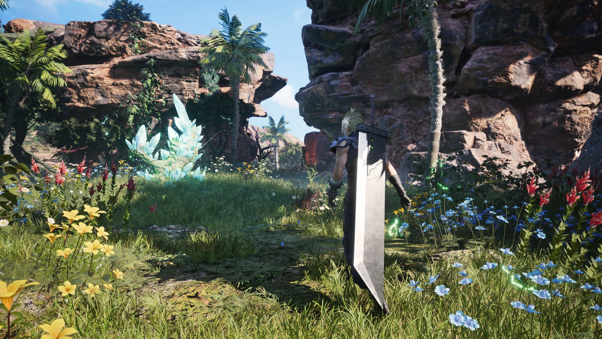 Cloud, das Panzerschwert an seinem Rücken, rennt durch die üppige Vegetation der Gongaga-Region.