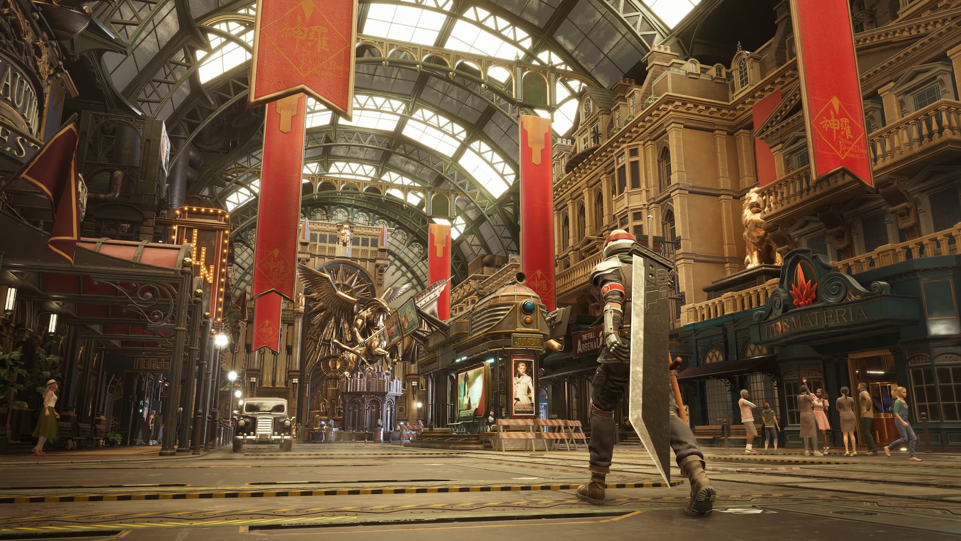 Con uniforme de Soldado, Cloud marcha por la ciudad de Junon, decorada con banderas rojas de Shinra.