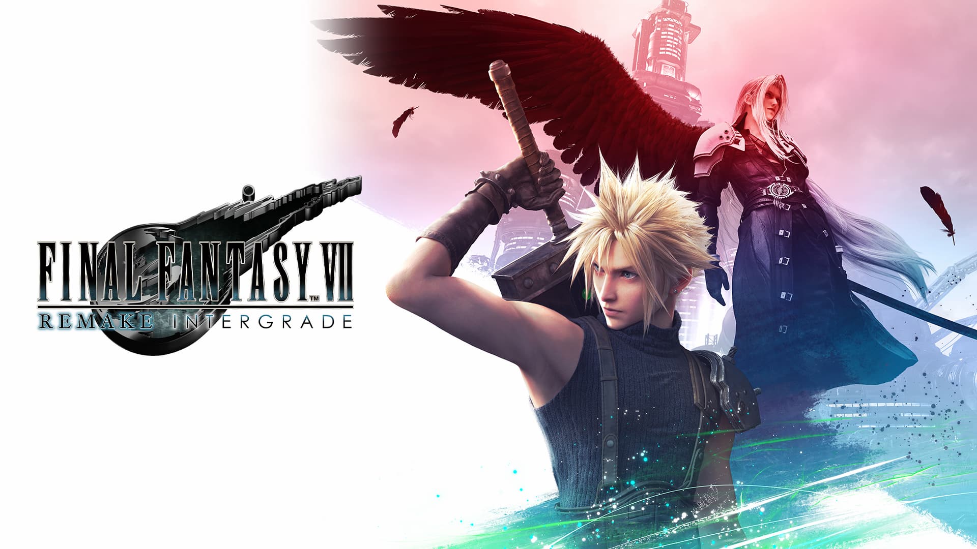 Cloud with his iconic Buster Sword and Sephiroth with one wing set against a Midgar cityscape.