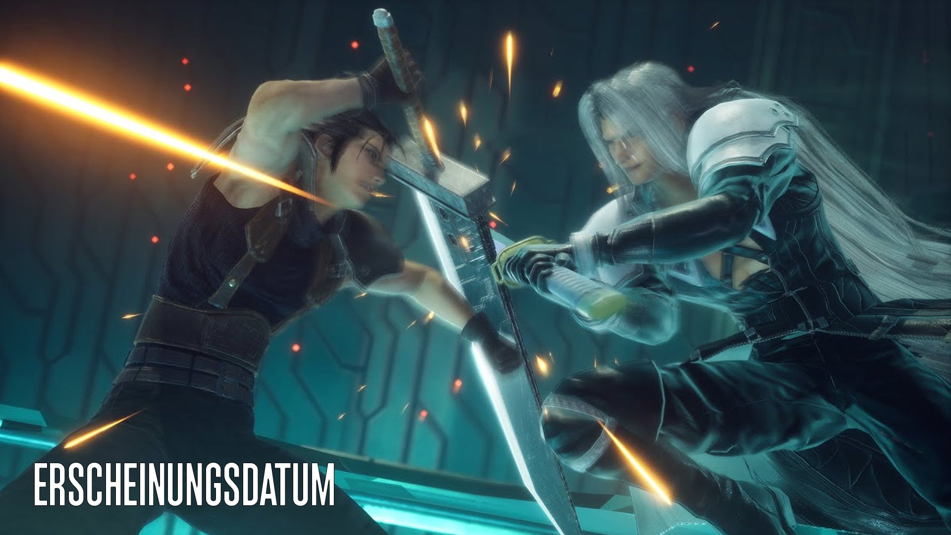 Zac und Sephiroth liefern sich einen heftigen Schwertkampf vor einer Kulisse