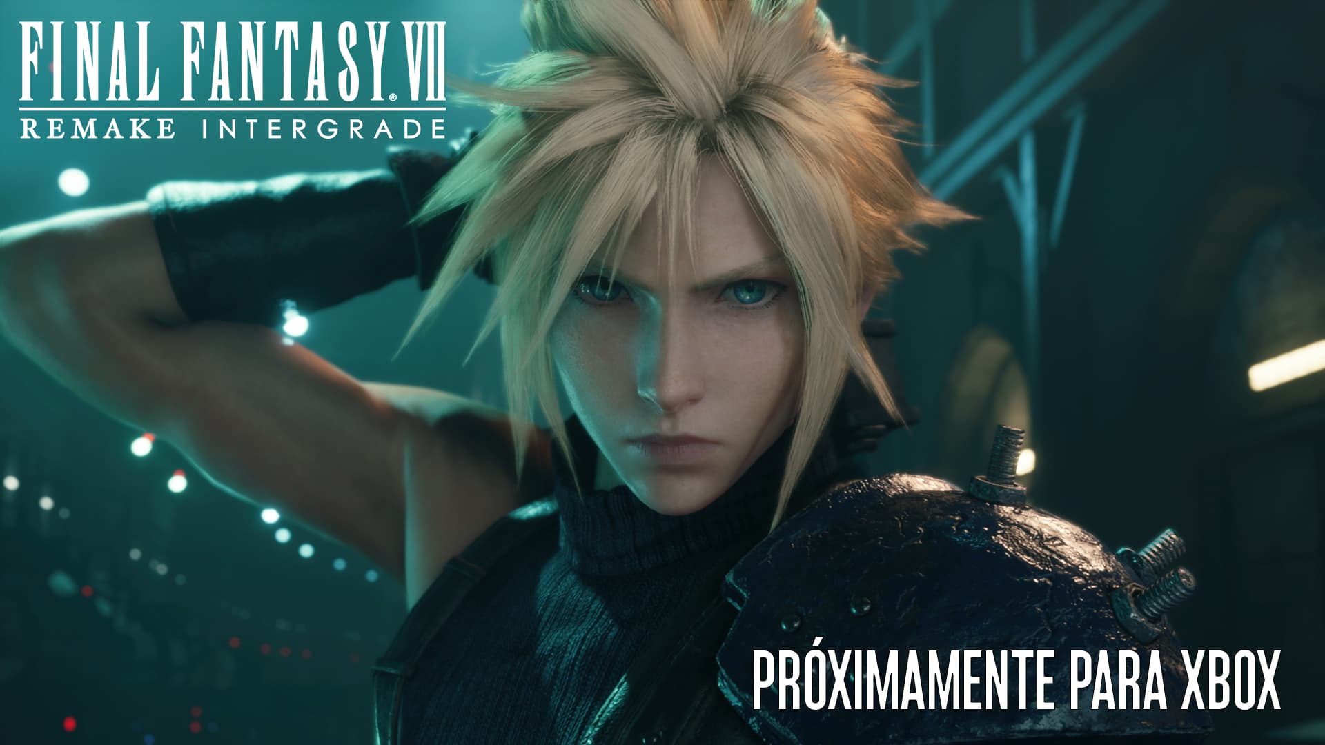 Cloud, en un impactante primer plano y extendiendo la mano para sujetar su espada.