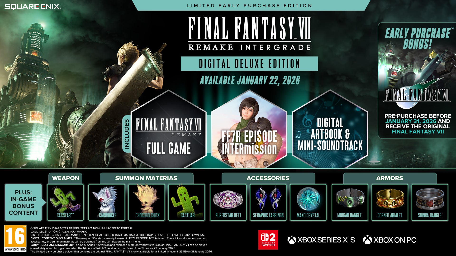 Promo for FF7 Remake Intergrade Digital Deluxe Edition with game and bonus items.