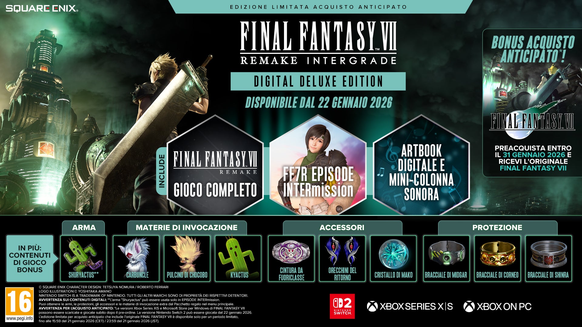 Promo per la Digital Deluxe Edition di FF7 Remake Intergrade con gioco e oggetti bonus.