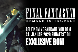 Banner von FF7 Remake Intergrade, das ein Vorabkauf-Angebot mit exklusiven Boni zeigt.