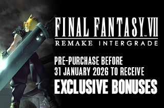 FF7 Remake Intergrade banner showing pre-purchase offer with exclusive bonuses.	