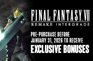 FF7 Remake Intergrade banner showing pre-purchase offer with exclusive bonuses.	