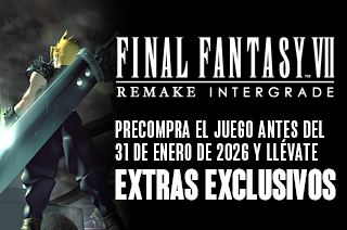 Anuncio de FF7 Remake Intergrade que muestra una oferta de precompra con bonificaciones exclusivas.