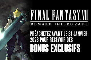 Bannière de FF7 Remake Intergrade montrant l'offre de préachat avec les bonus exclusifs.