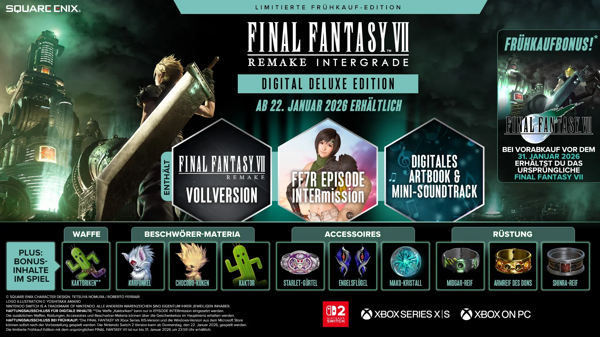 Promo für FF7 Remake Intergrade – Digital Deluxe Edition mit Spiel- und Bonusgegenständen.