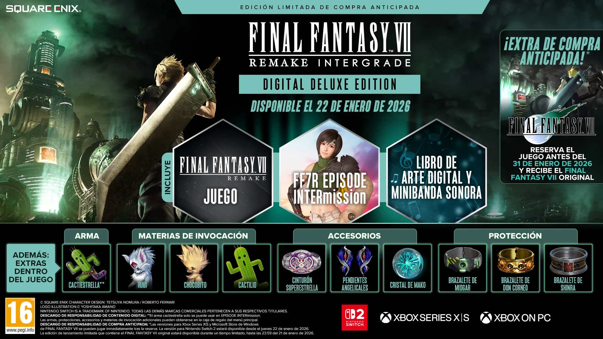 Promoción de la Digital Deluxe Edition de FF7 Remake Intergrade con el juego y regalos extra.