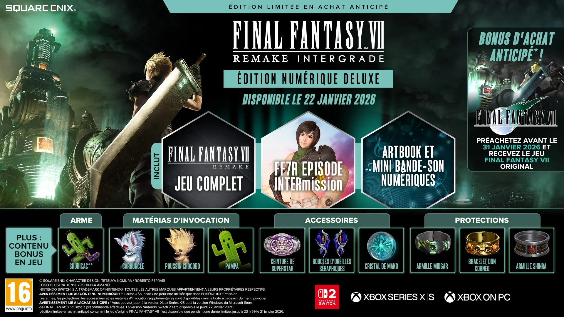Promo de l'édition numérique Deluxe de FF7 Remake Intergrade, avec le jeu et des articles bonus.