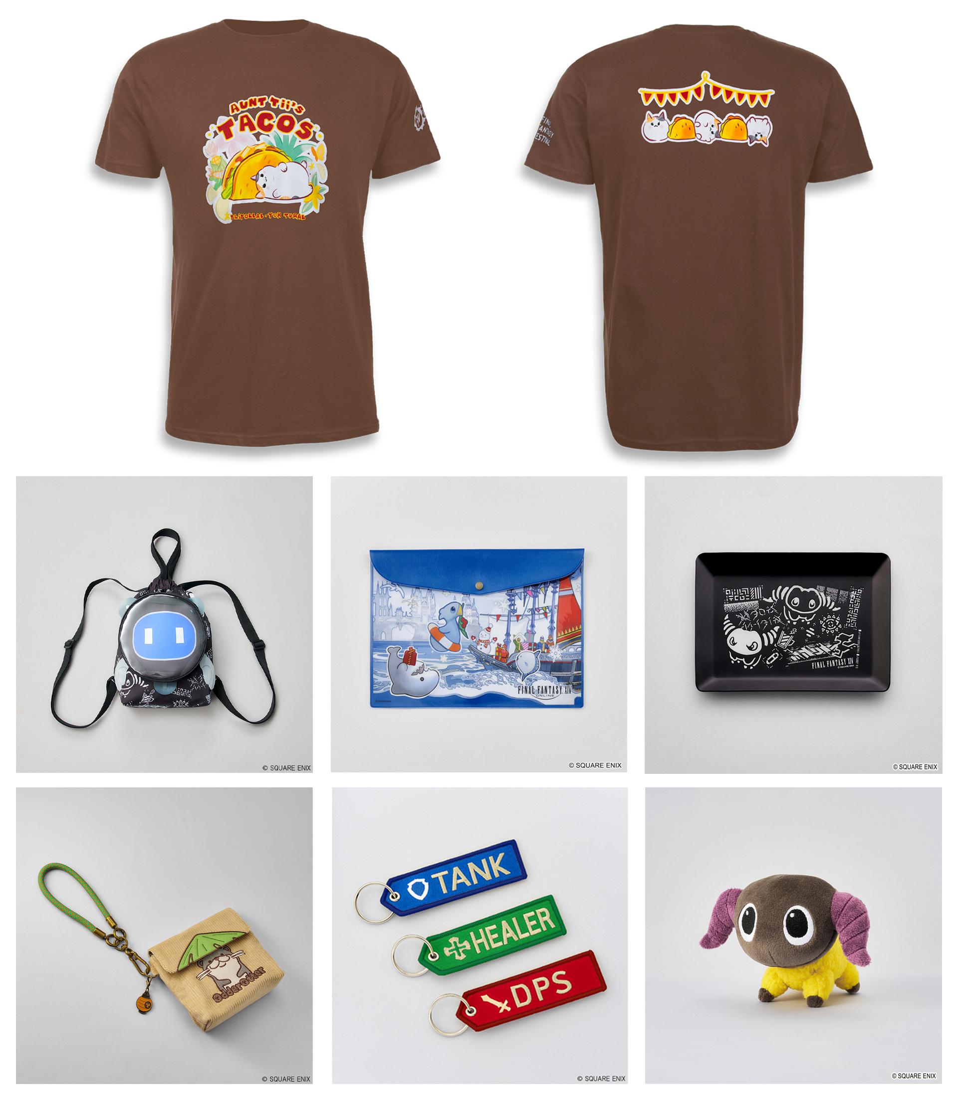 A collection of Final Fantasy 14 Fan Festival 2026 merchandise available for pre-order, including Aunt Tii's Tacos T-shirts, outrunner backpacks, themed flat pouch, black Yan aluminum tray, Odder Otter mini pouch, role bag tags, and a Yan plush.
