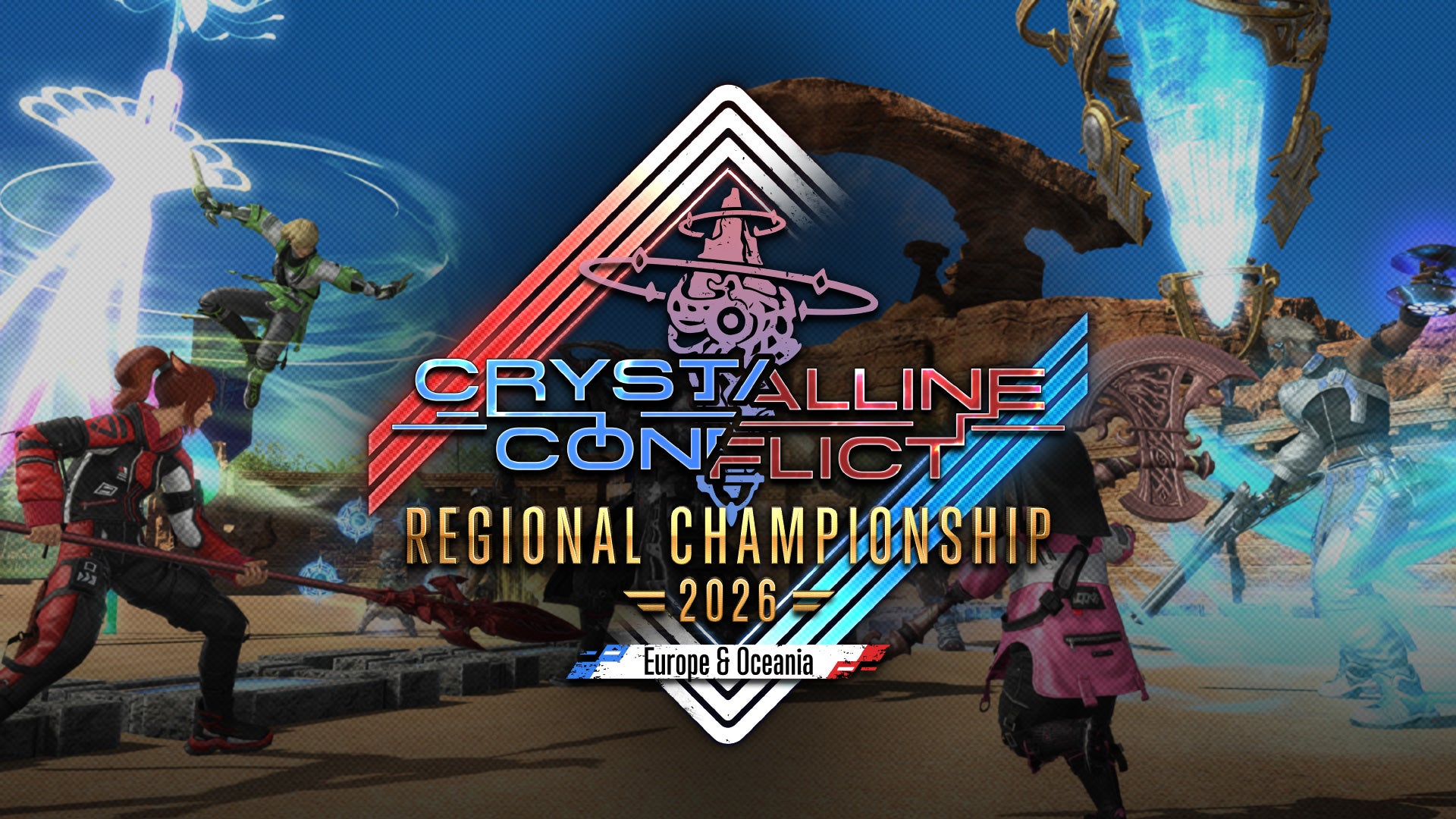 Banner with the Crystalline Conflict Regional Championship 2026 Europe & Oceania logo in the middle. Multiple player characters are battling each other in the Red Sands arena with a giant crystal in the background.