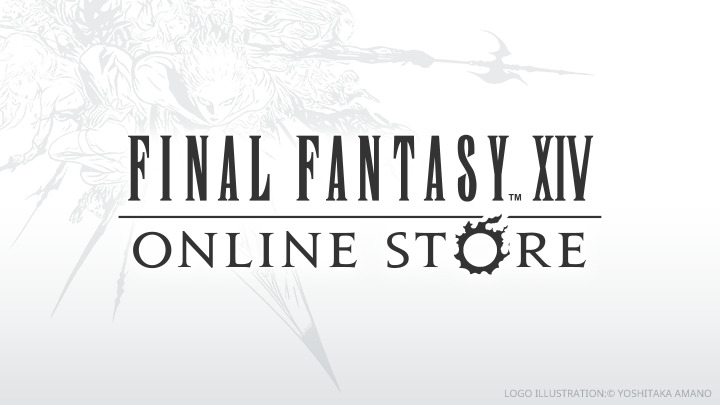 Das Final Fantasy 14-Logo mit dem Zusatz „Online Store“ auf weißem Hintergrund mit einer Illustration von Yoshitaka Amano. 