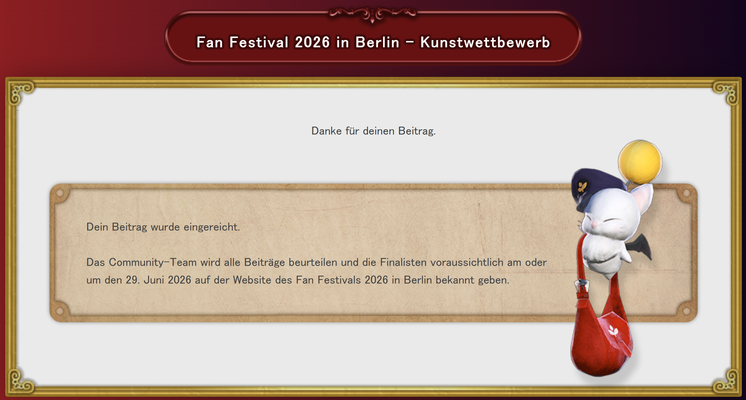 Die Seite des Einsendeformulars für den Kunstwettbewerb des Fan Festivals 2026 in Berlin, die nach Einreichen eines Beitrags angezeigt wird. Text liest: Danke für deinen Beitrag. Dein Beitrag wurde eingereicht. Das Community-Team wird alle Beiträge beurteilen und die Finalisten voraussichtlich am oder um den 29. Juni 2026 auf der Website des Fan Festivals 2026 in Berlin bekannt geben. Daneben schwebt ein Post-Mogry.