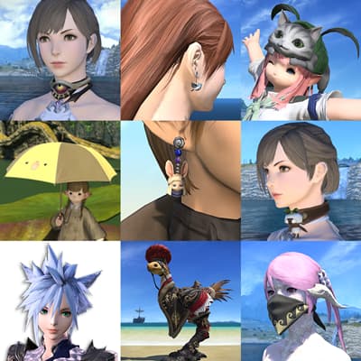Un montage de plusieurs captures d'écran de Final Fantasy 14 présentant la sélection de récompenses du concours vidéo du FFXIV Fan Festival 2026 à Berlin. De gauche à droite et de haut en bas, les récompenses affichées sont : le ras de cou ahriman, la boucle d'oreille oiseau bleu, la gaélicasquette, le parapluie Serpent marin de Ronka ?, les boucles d'oreilles Loporrite, le ras de cou mandragore, la méthode de coiffure "Strife", la barde noble et le foulard de la sagacité notoire.