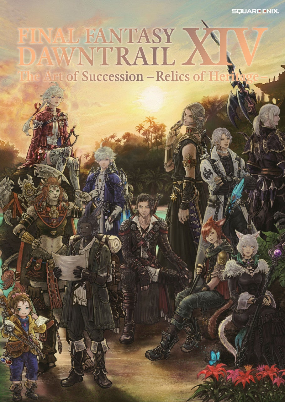 La page de couverture du livre d'illustrations FINAL FANTASY XIV: DAWNTRAIL | The Art of Succession - Relics of Heritage -. Les personnages principaux du jeu sont rassemblés et posent ensemble au premier plan, entourés de végétation. En arrière-plan, un soleil levant illumine la scène de teintes dorées, avec le titre de l'ouvrage affiché en haut de l'image.