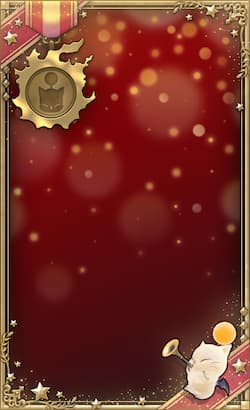 Une image montrant un aperçu d'un nouvel Art du portrait dans Final Fantasy 14. Le fond présente un dégradé rouge foncé parsemé de particules lumineuses dorées. Dans l'angle inférieur droit, un Mog joue d'un instrument à vent. Dans l'angle supérieur gauche, une médaille dorée en forme de météore affiche une tête de Mog en son centre.