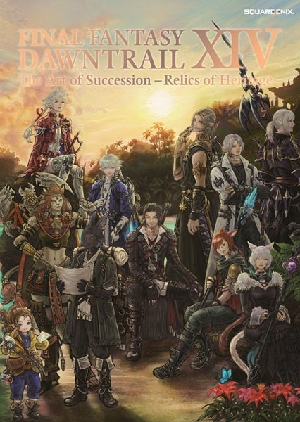 La page de couverture du livre d'illustrations FINAL FANTASY XIV: DAWNTRAIL | The Art of Succession - Relics of Heritage -. Les personnages principaux du jeu sont rassemblés et posent ensemble au premier plan, entourés de végétation. En arrière-plan, un soleil levant illumine la scène de teintes dorées, avec le titre de l'ouvrage affiché en haut de l'image.