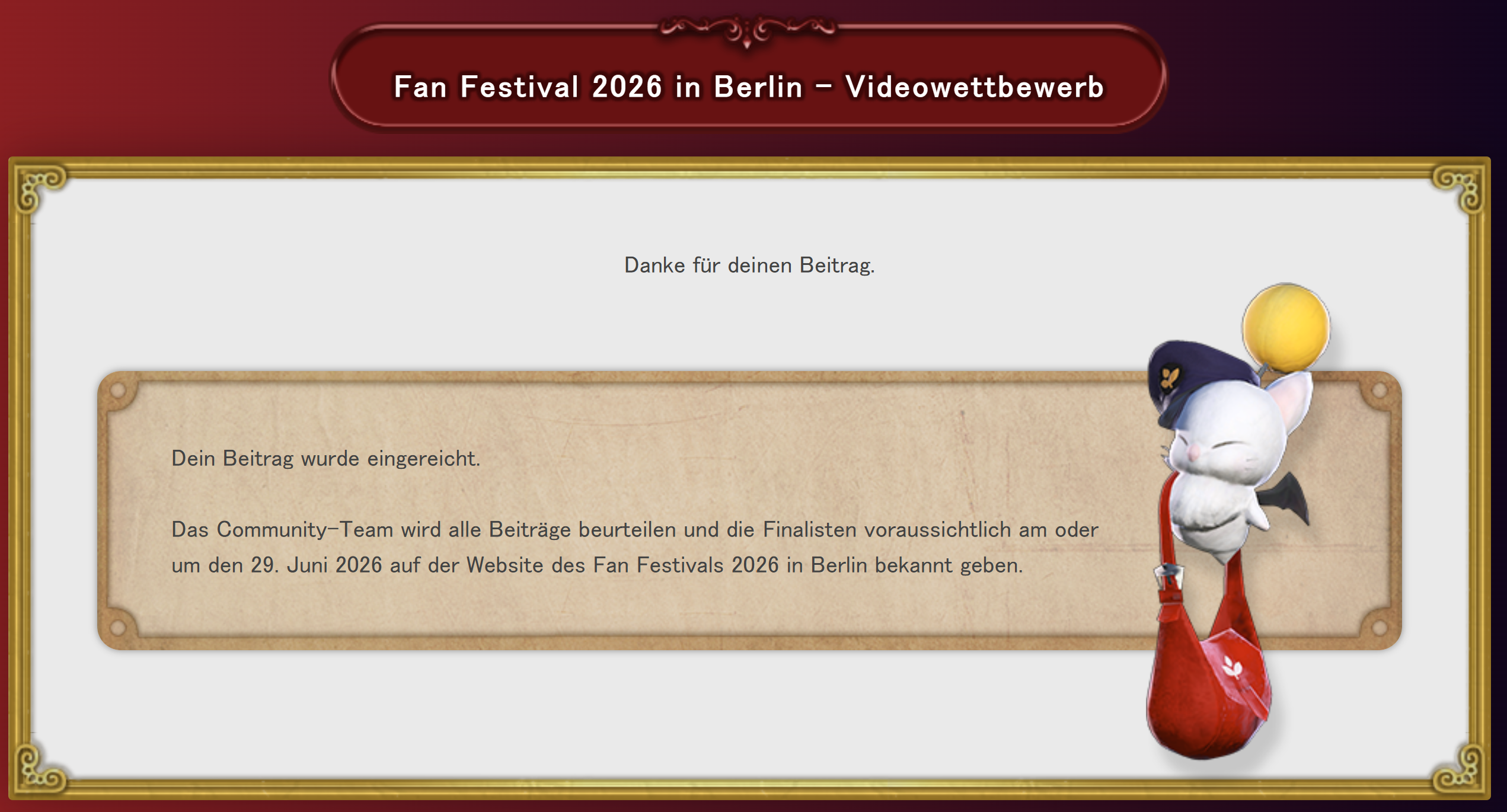 Die Seite des Einsendeformulars für den Videowettbewerb des Fan Festivals 2026 in Berlin, die nach Einreichen eines Beitrags angezeigt wird. Text liest: Danke für deinen Beitrag. Dein Beitrag wurde eingereicht. Das Community-Team wird alle Beiträge beurteilen und die Finalisten voraussichtlich am oder um den 29. Juni 2026 auf der Website des Fan Festivals 2026 in Berlin bekannt geben. Daneben schwebt ein Post-Mogry.