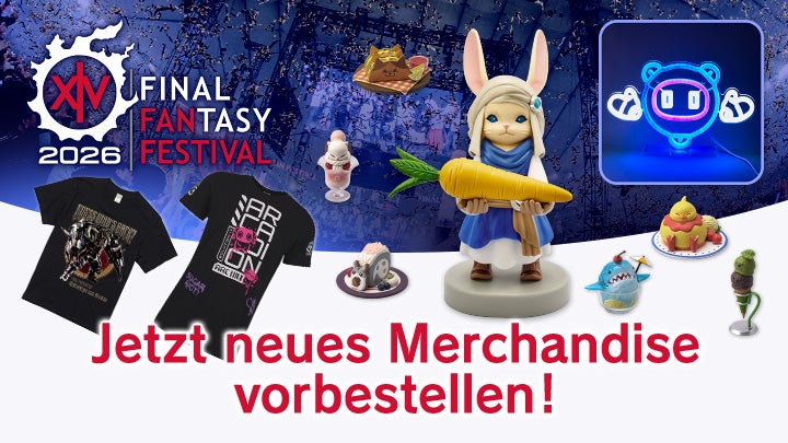 Ein Banner des Final Fantasy 14 Fan Festivals 2026, das eine Auswahl von Merchandise-Artikeln zeigt, darunter eine Loporrit-Figur, eine Auskunftsdrohnenlampe und schwarze T-Shirts im Lösung Neun-Design. Der Text liest: Jetzt neues Merchandise vorbestellen!