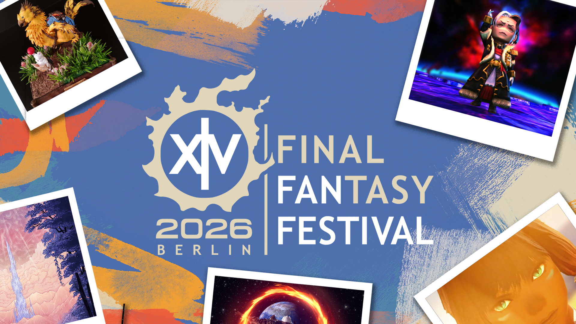 The Final Fantasy 14 Fan Festival 2026 in Berlin logo surrounded by multiple art entries.