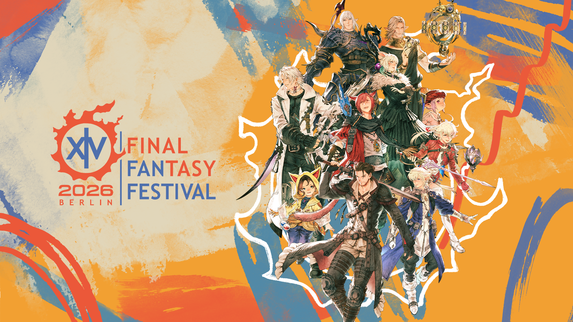 The Final Fantasy 14 Fan Festival 2026 in Berlin logo with an illustration featuring the Scions of the Seventh Dawn.