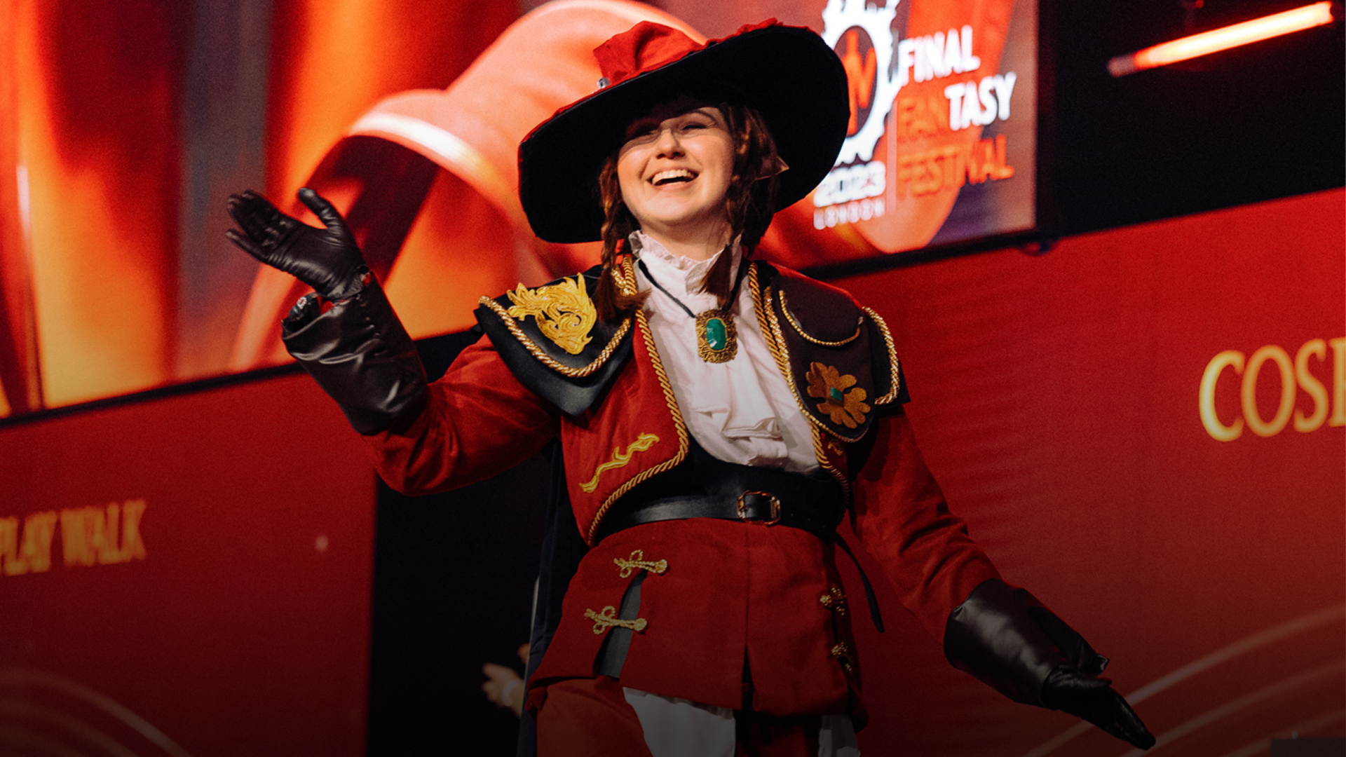 A cosplayer dressed up in red mage artifact gear from Final Fantasy 14.