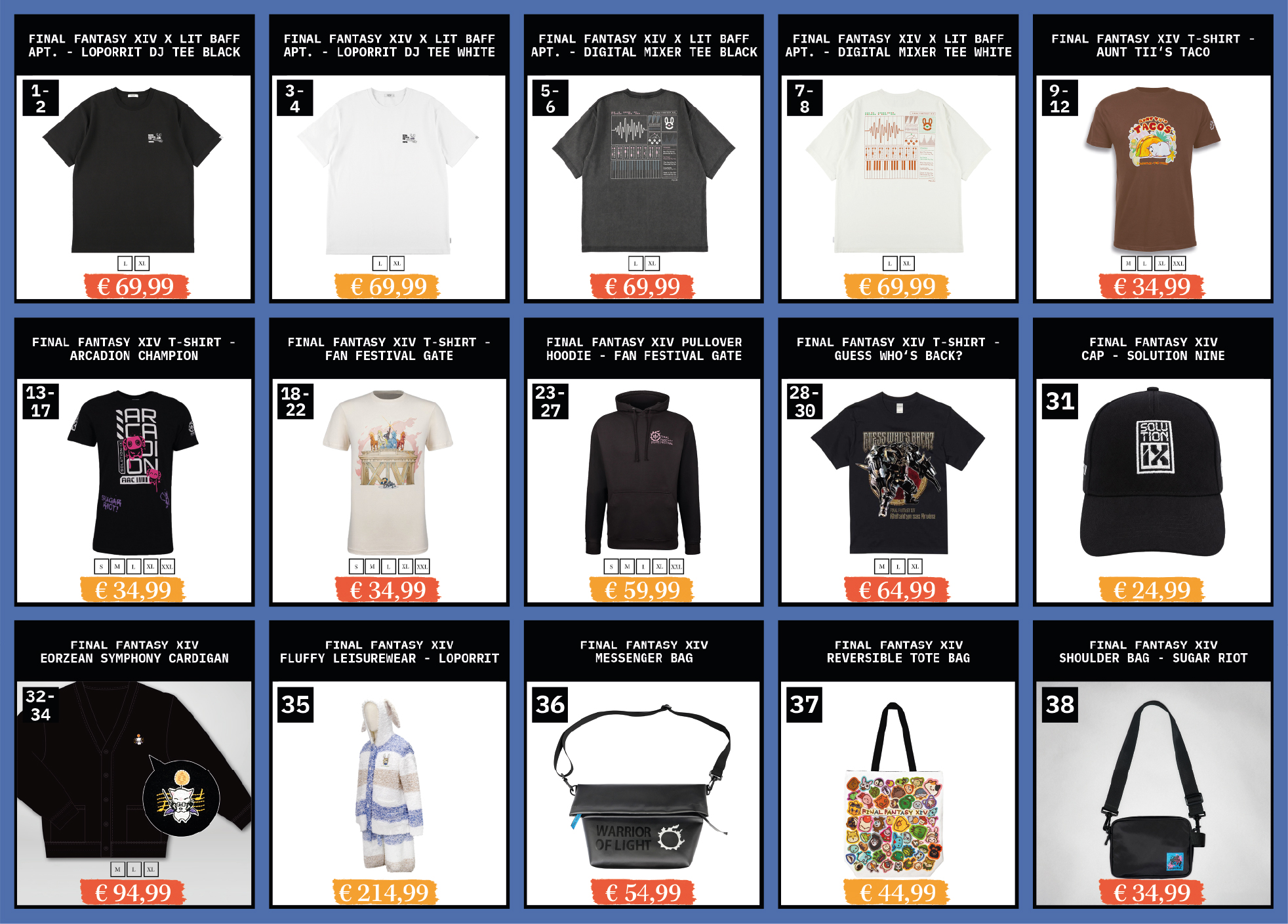 A list of merchandise available at Fan Festival 2026 in Berlin.