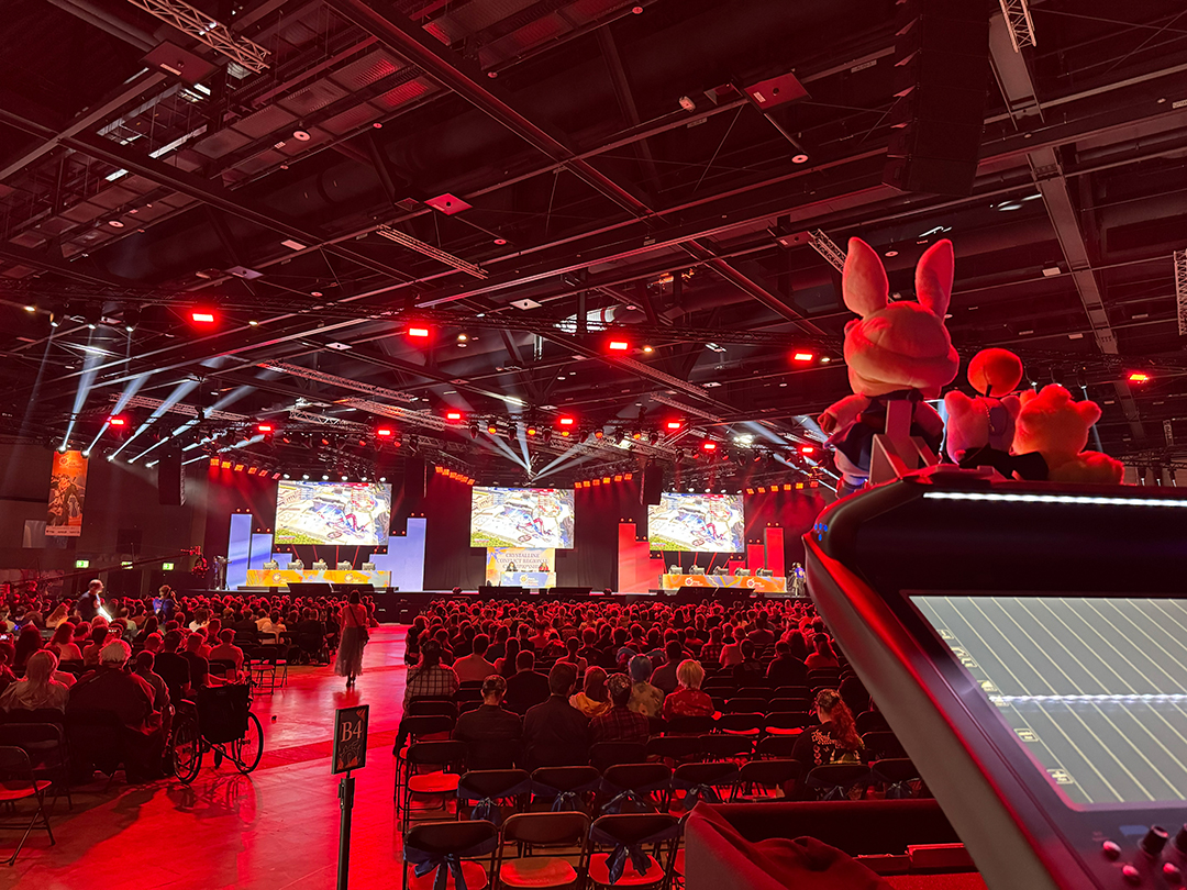 A view of the stage and audience at Final Fantasy 14 Fan Festival 2026 in Berlin.