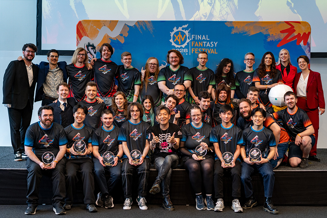 Final Fantasy 14 Producer and Director Naoki Yoshida posing with all Crystalline Conflict Regional Championship 2026 Europe and Oceania teams, alongside the commentators and hosts.